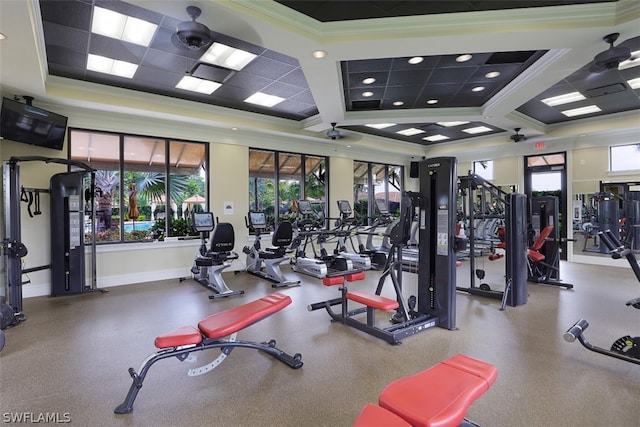 exercise room featuring ornamental molding, coffered ceiling, ceiling fan, and a paneled ceiling