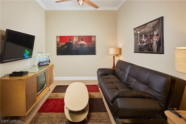 living room featuring tile patterned flooring, crown molding, and ceiling fan