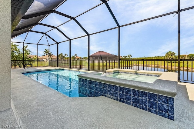 view of swimming pool with an in ground hot tub, a patio, and glass enclosure