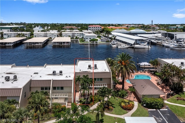 drone / aerial view featuring a water view