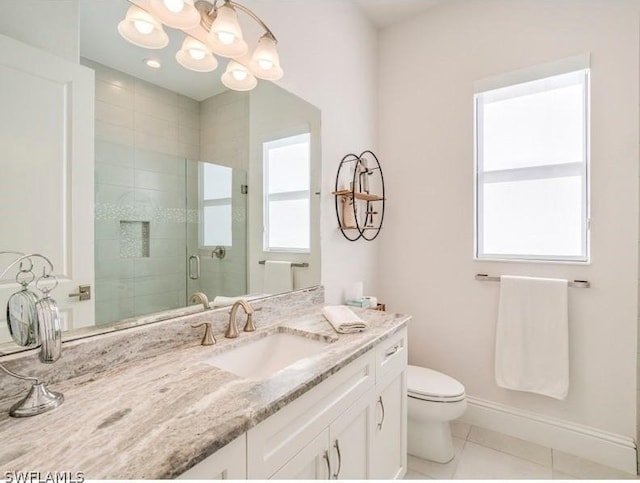 bathroom with tile patterned flooring, vanity, toilet, and a shower with door