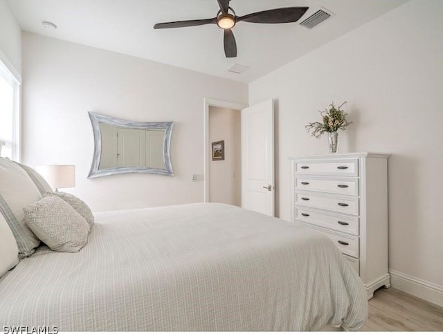 bedroom featuring light wood-type flooring and ceiling fan