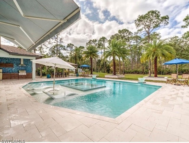 view of swimming pool featuring area for grilling and a patio area