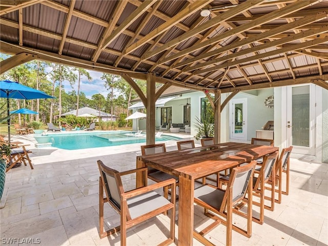 view of swimming pool featuring an outdoor kitchen and a patio area