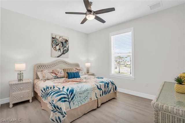 bedroom featuring hardwood / wood-style flooring and ceiling fan