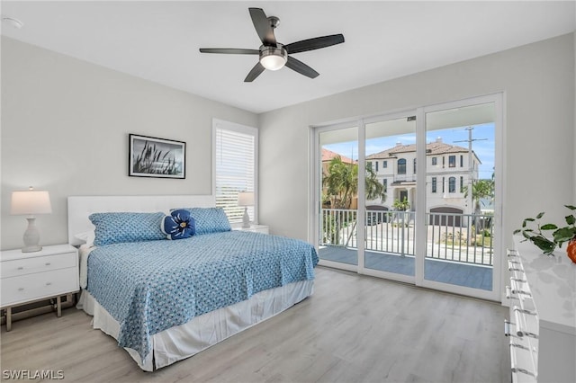 bedroom with ceiling fan, light wood-type flooring, access to outside, and multiple windows