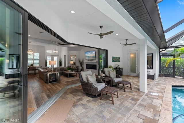 view of patio / terrace featuring ceiling fan and an outdoor hangout area