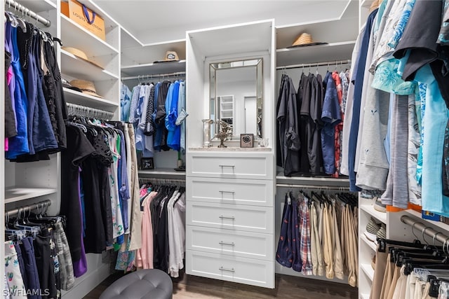 walk in closet with dark wood-type flooring