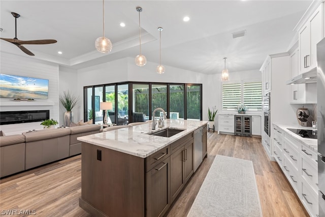 kitchen with plenty of natural light, sink, a center island with sink, a raised ceiling, and light hardwood / wood-style floors