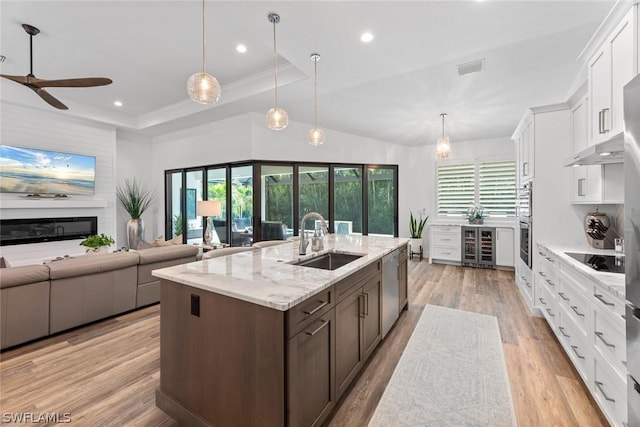 kitchen featuring appliances with stainless steel finishes, light wood-style floors, white cabinetry, a sink, and dark brown cabinetry