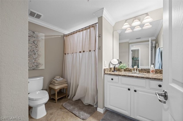 bathroom featuring vanity, toilet, crown molding, tile patterned floors, and a shower with curtain