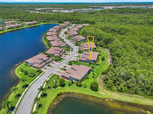 bird's eye view with a water view