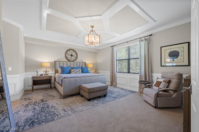 carpeted bedroom with crown molding, coffered ceiling, and a notable chandelier