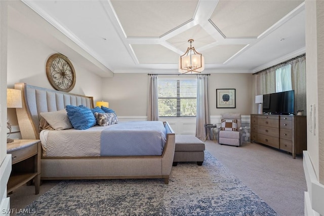 bedroom featuring ornamental molding, carpet, coffered ceiling, and an inviting chandelier