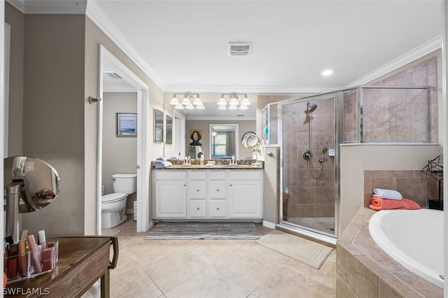 full bathroom with vanity, ornamental molding, independent shower and bath, and toilet