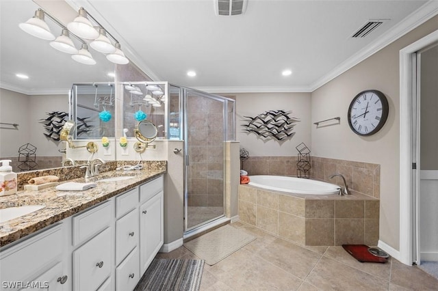 bathroom featuring vanity, crown molding, tile patterned floors, and separate shower and tub