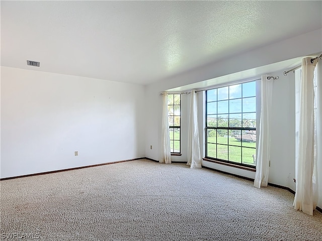 spare room with light carpet and a textured ceiling