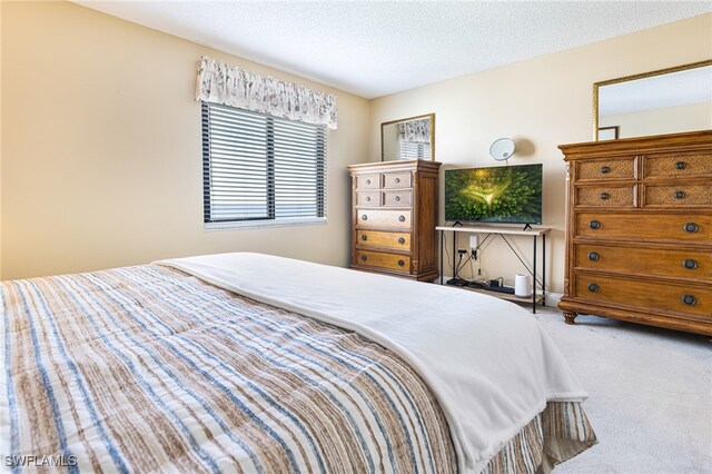 bedroom featuring a textured ceiling and carpet floors