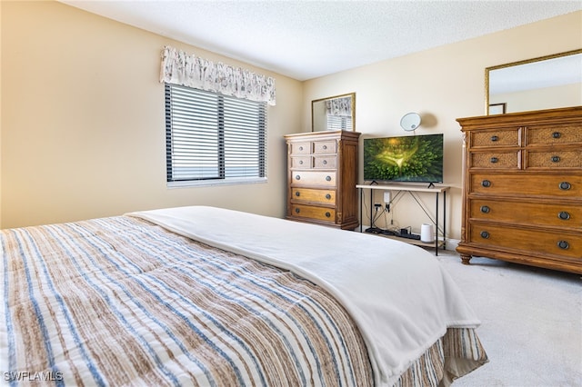 bedroom with carpet and a textured ceiling