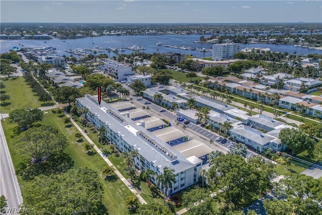 drone / aerial view featuring a water view