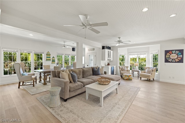 living room with ceiling fan and light hardwood / wood-style flooring