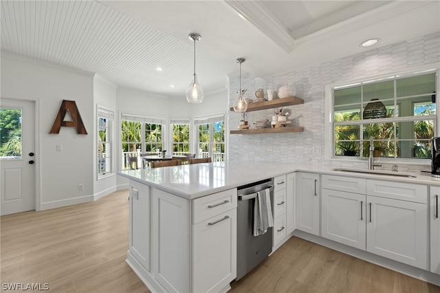 kitchen featuring dishwasher, white cabinets, sink, decorative backsplash, and kitchen peninsula