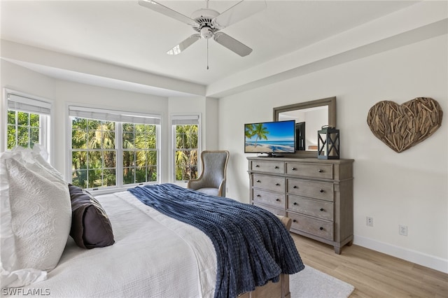 bedroom featuring ceiling fan and light hardwood / wood-style flooring