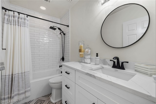 full bathroom with vanity, toilet, and shower / bathtub combination with curtain