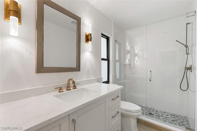 bathroom with vanity, a shower with shower door, and toilet