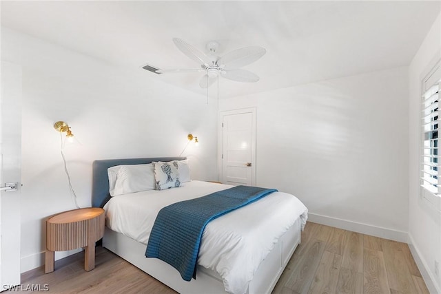 bedroom with ceiling fan and light wood-type flooring