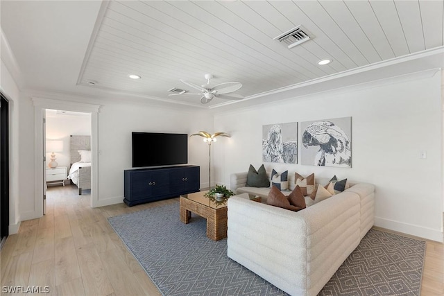 living room featuring wood-type flooring, ceiling fan, crown molding, and wood ceiling