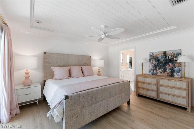 bedroom featuring connected bathroom, ceiling fan, wooden ceiling, and wood-type flooring