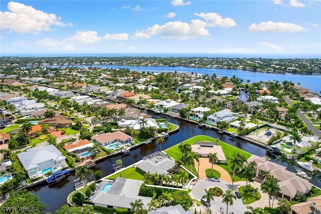 bird's eye view with a water view