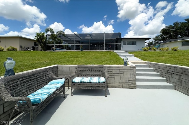 back of house featuring a patio, glass enclosure, and a lawn