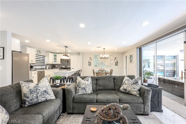 living room with a chandelier