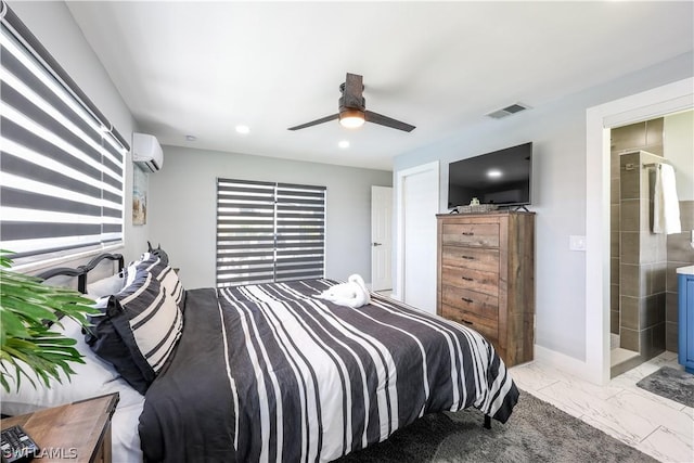 bedroom with a wall mounted air conditioner and ceiling fan