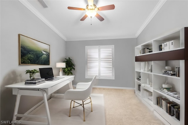 carpeted office space with ceiling fan and ornamental molding