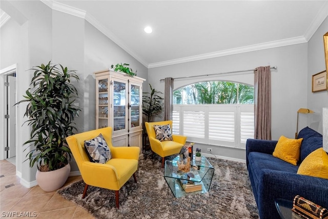 living area with baseboards, recessed lighting, ornamental molding, and tile patterned flooring