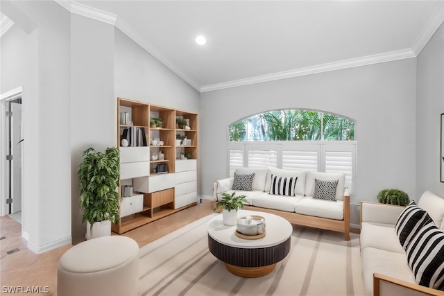 living room featuring high vaulted ceiling, ornamental molding, and light tile patterned floors