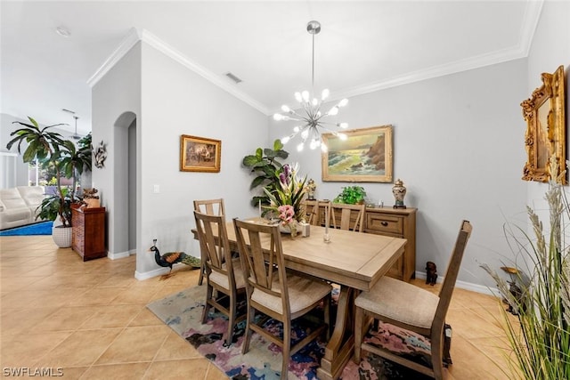 dining area with an inviting chandelier, light tile patterned flooring, crown molding, visible vents, and arched walkways