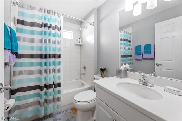 full bathroom featuring vanity, shower / bath combo, and toilet