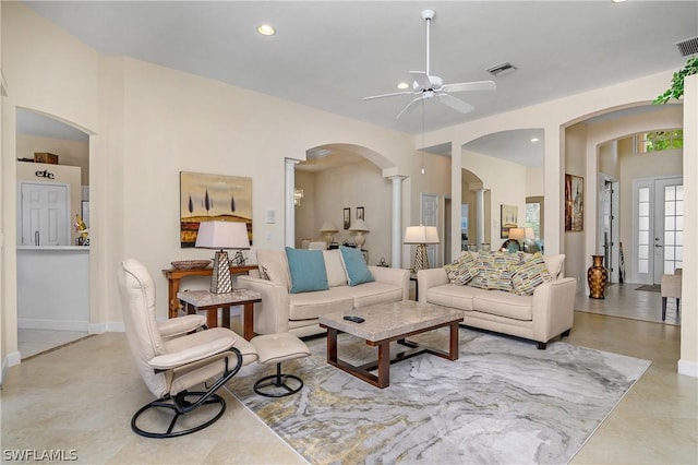 living room featuring ceiling fan