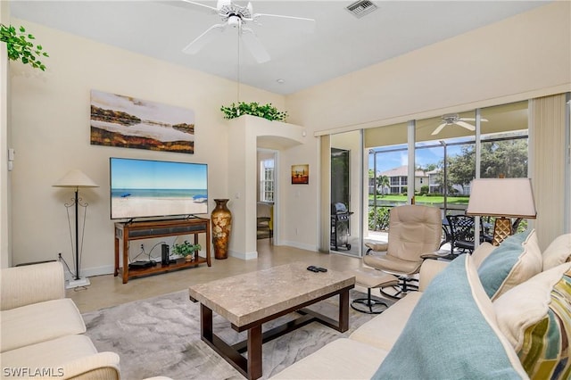 living room with ceiling fan