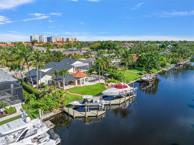 drone / aerial view featuring a water view