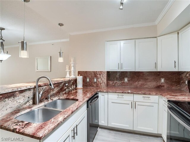 kitchen with white cabinetry, sink, crown molding, decorative light fixtures, and black appliances