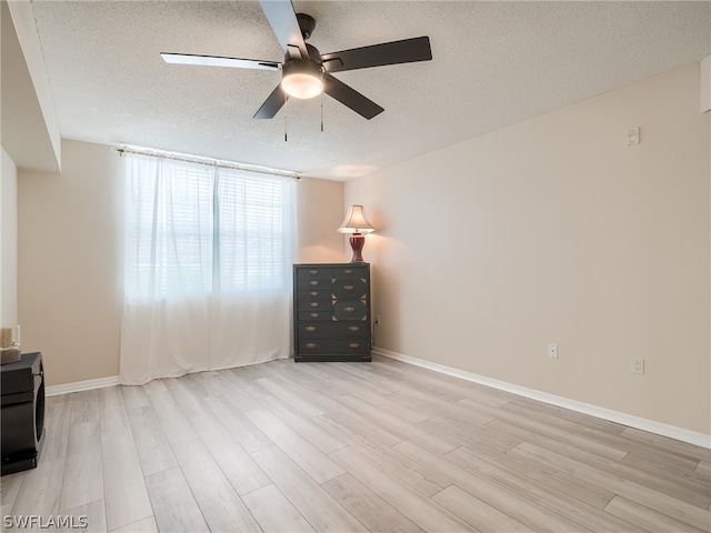 unfurnished bedroom featuring a textured ceiling, light hardwood / wood-style floors, and ceiling fan