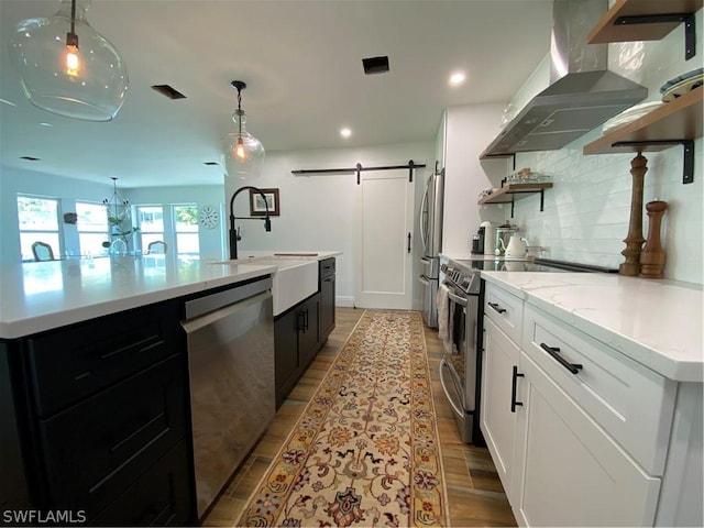 kitchen with sink, a barn door, white cabinetry, stainless steel appliances, and extractor fan