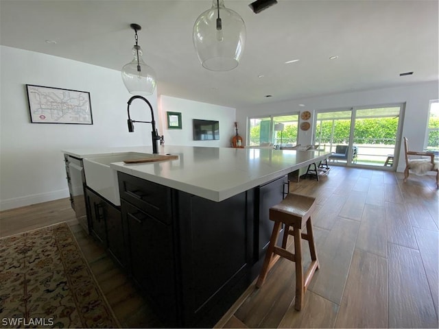 kitchen featuring sink, stainless steel dishwasher, a large island with sink, hardwood / wood-style floors, and pendant lighting