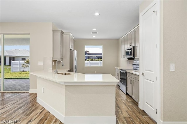 kitchen featuring kitchen peninsula, gray cabinets, sink, and stainless steel appliances