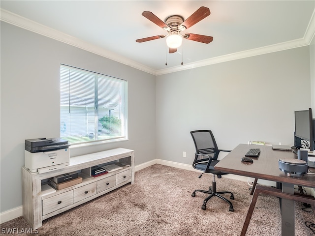 carpeted office space featuring crown molding and ceiling fan